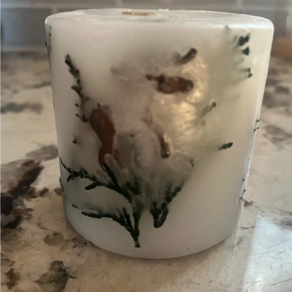 Decorative White Candle with Moose and greenery embedded & Green Leaf Holder.